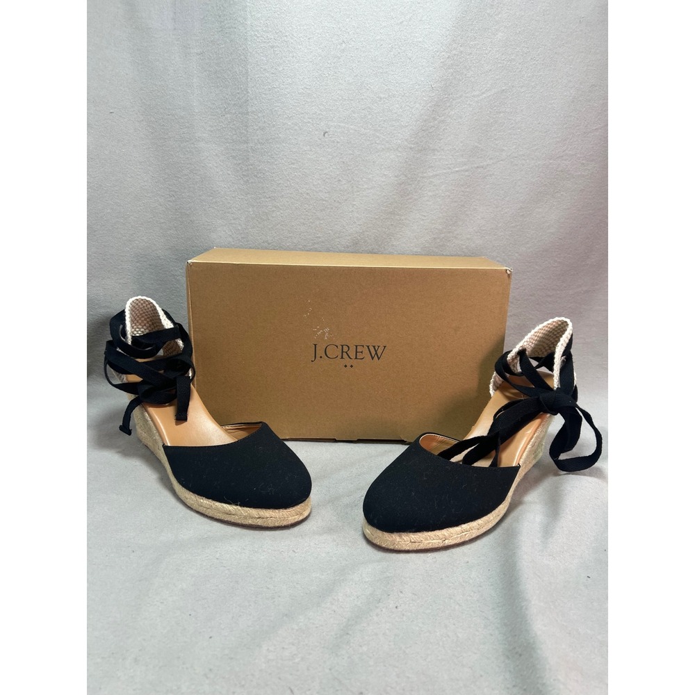 J.Crew Espadrille Wedges Black Canvas Lace Up Ankle Wrap Coastal Summer 10